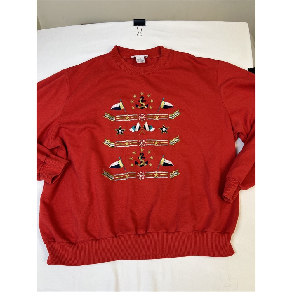 Alfred Dunner Red Nautical Embroidered Sweatshirt XL Anchor Flags Vintage